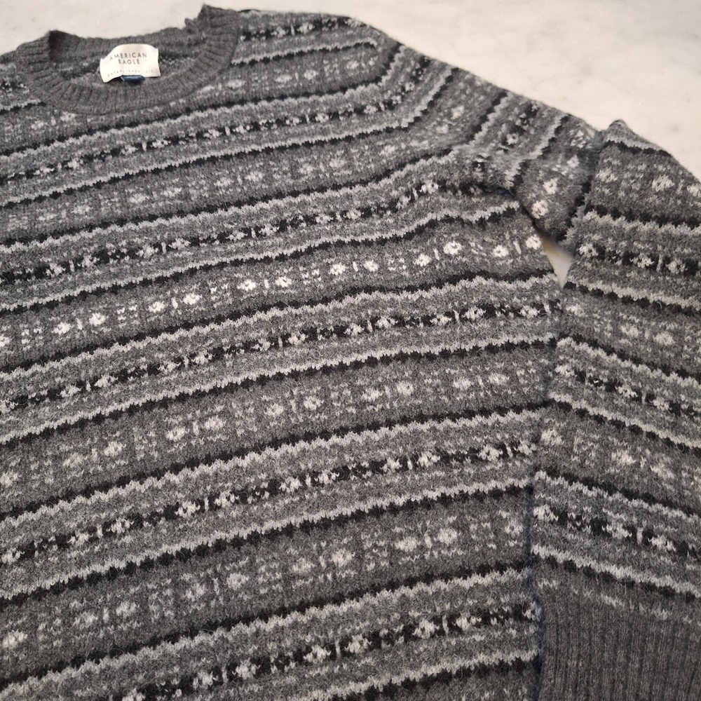 American Eagle Mens Fair Isle Sweater Med Gray Woolblend Knit Crewneck Pullover